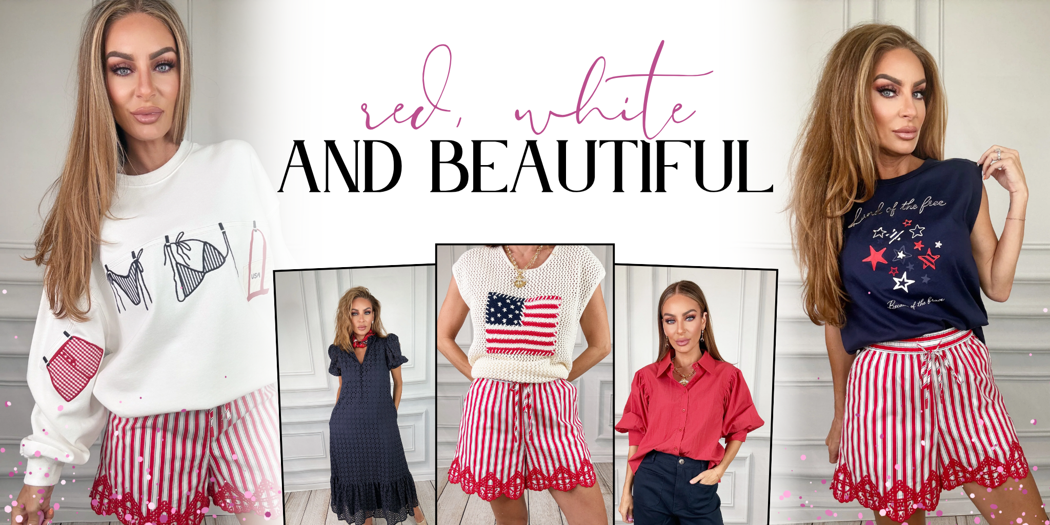 Woman modeling red, white, and blue clothing with text 'red, white AND BEAUTIFUL' on a white background | Bloom West Boutique | Houma, LA