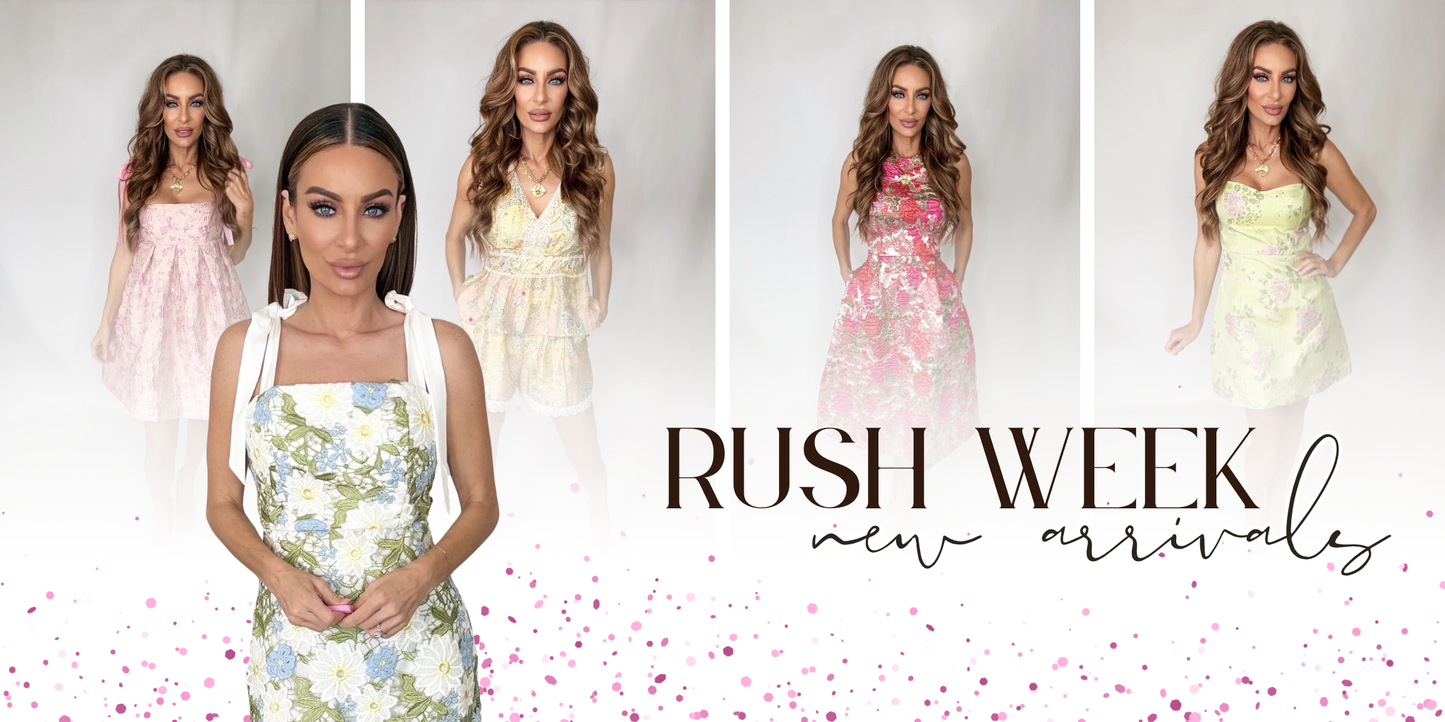 A promotional banner for 'Rush Week New Arrivals' featuring a model in a floral strapless dress in the foreground, with four other models in different pastel dresses shown in the background panels. The text 'RUSH WEEK new arrivals' is displayed on the right side | Bloom West Boutique | Houma, LA