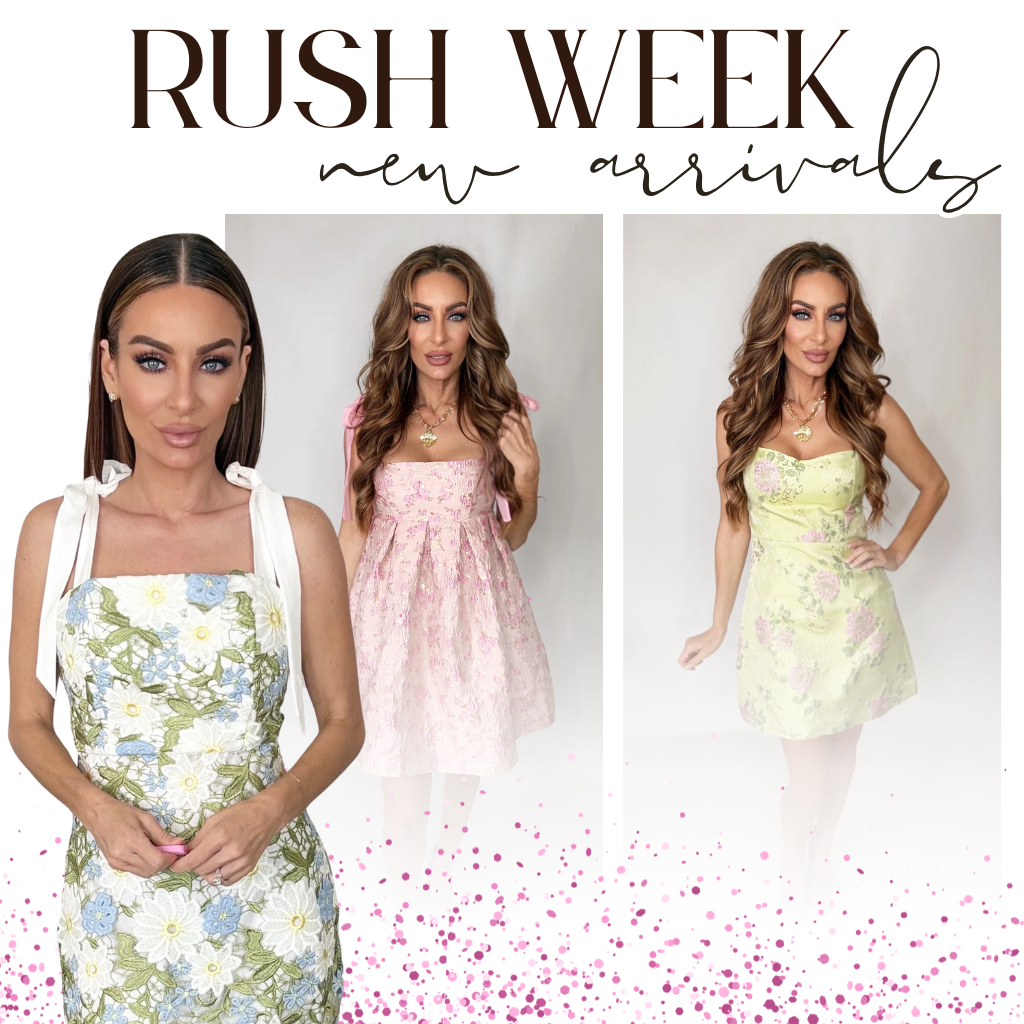 A promotional banner for 'Rush Week New Arrivals' featuring a model in a floral strapless dress in the foreground, with four other models in different pastel dresses shown in the background panels. The text 'RUSH WEEK new arrivals' is displayed on the right side | Bloom West Boutique | Houma, LA