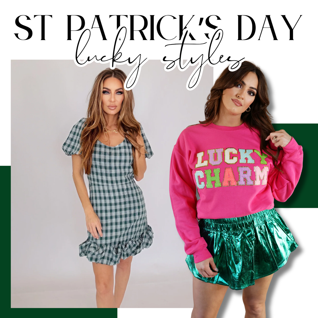 Two women wearing festive outfits for St. Patrick's Day with text 'St Patrick's Day lucky styles' | Bloom West Boutique | Houma, LA
