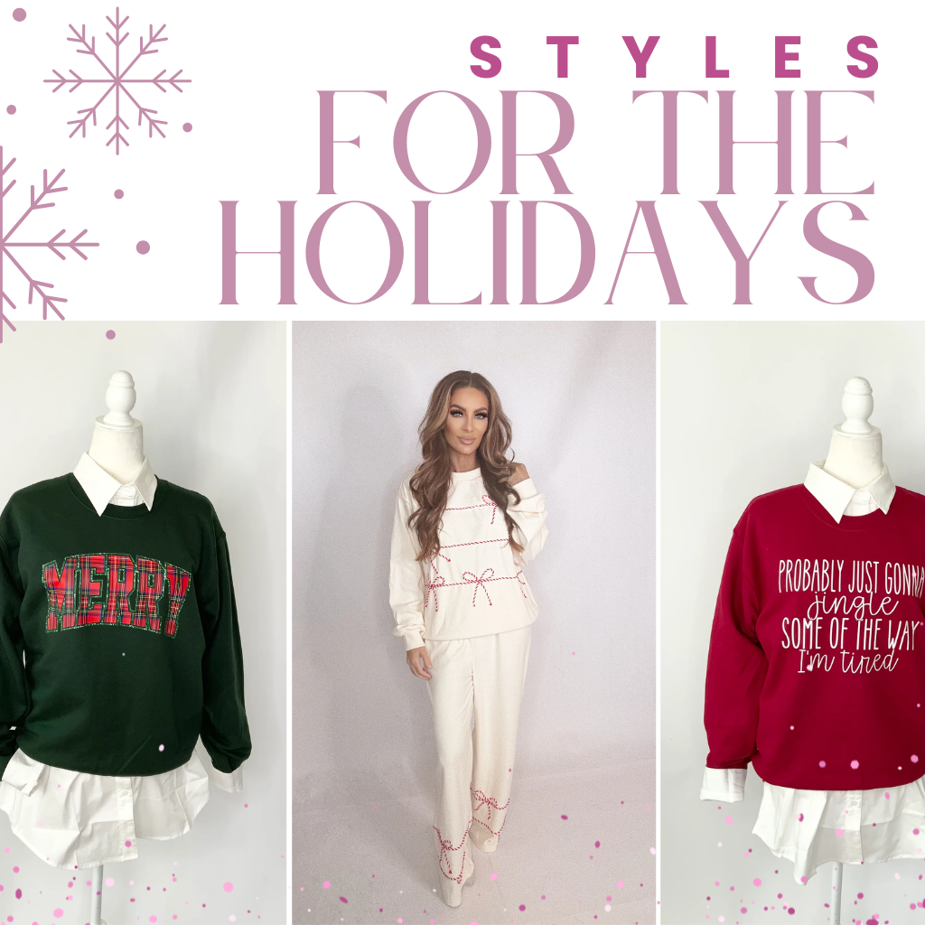 Woman in a white outfit with two sweaters, one red and one green, on mannequins against a white background with text 'Stylish for the Holidays' | Bloom West Boutique | Houma, LA