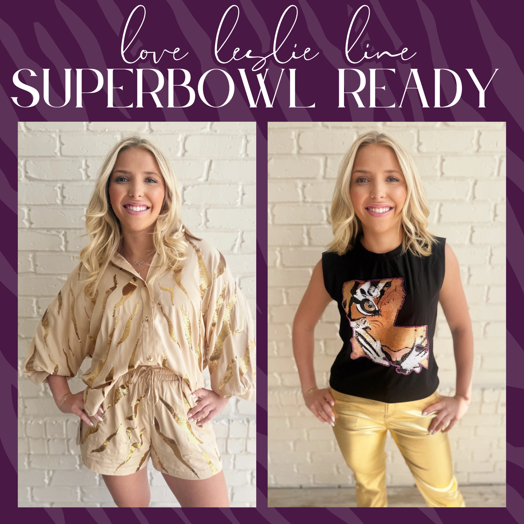 Two outfits with a woman against a brick wall, featuring 'love leslie line' text | Super Bowl Ready Game Day Collection | Bloom West Boutique | Houma, LA