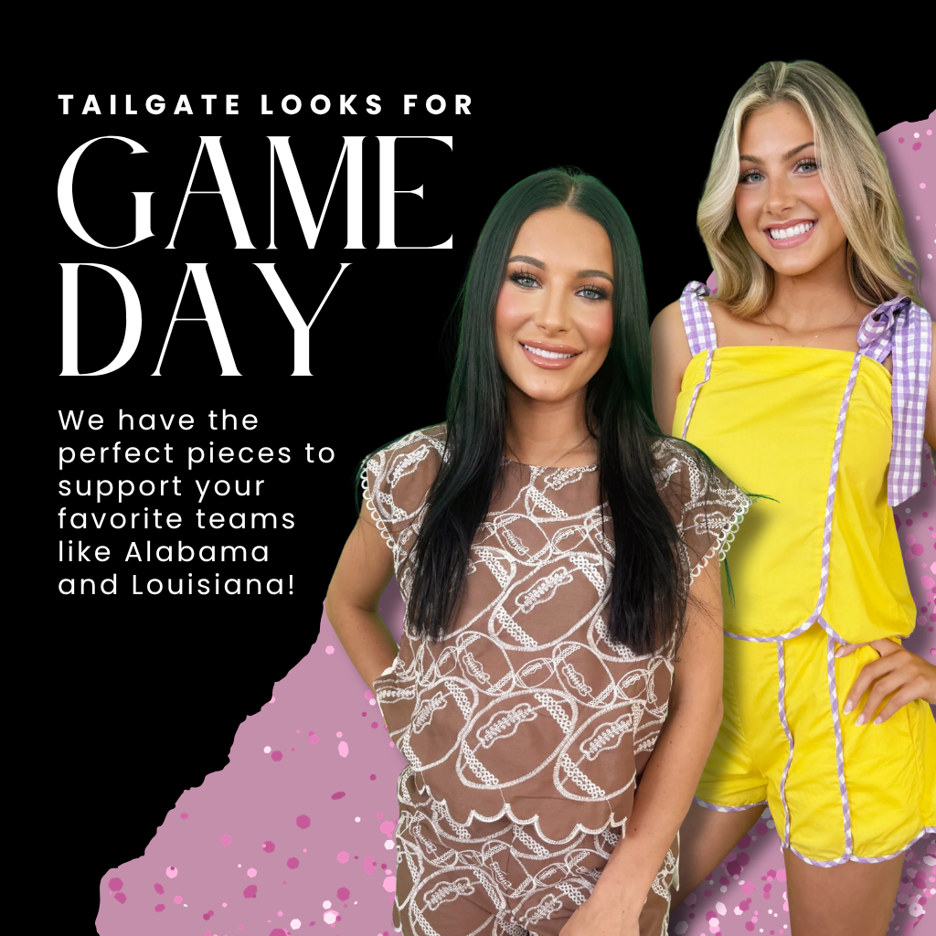 Promotional graphic for tailgate game day apparel featuring 2 women modeling colorful dresses against a black background with large white text reading 'TAILGATE LOOKS FOR GAME DAY' | Bloom West Boutique | Houma, LA
