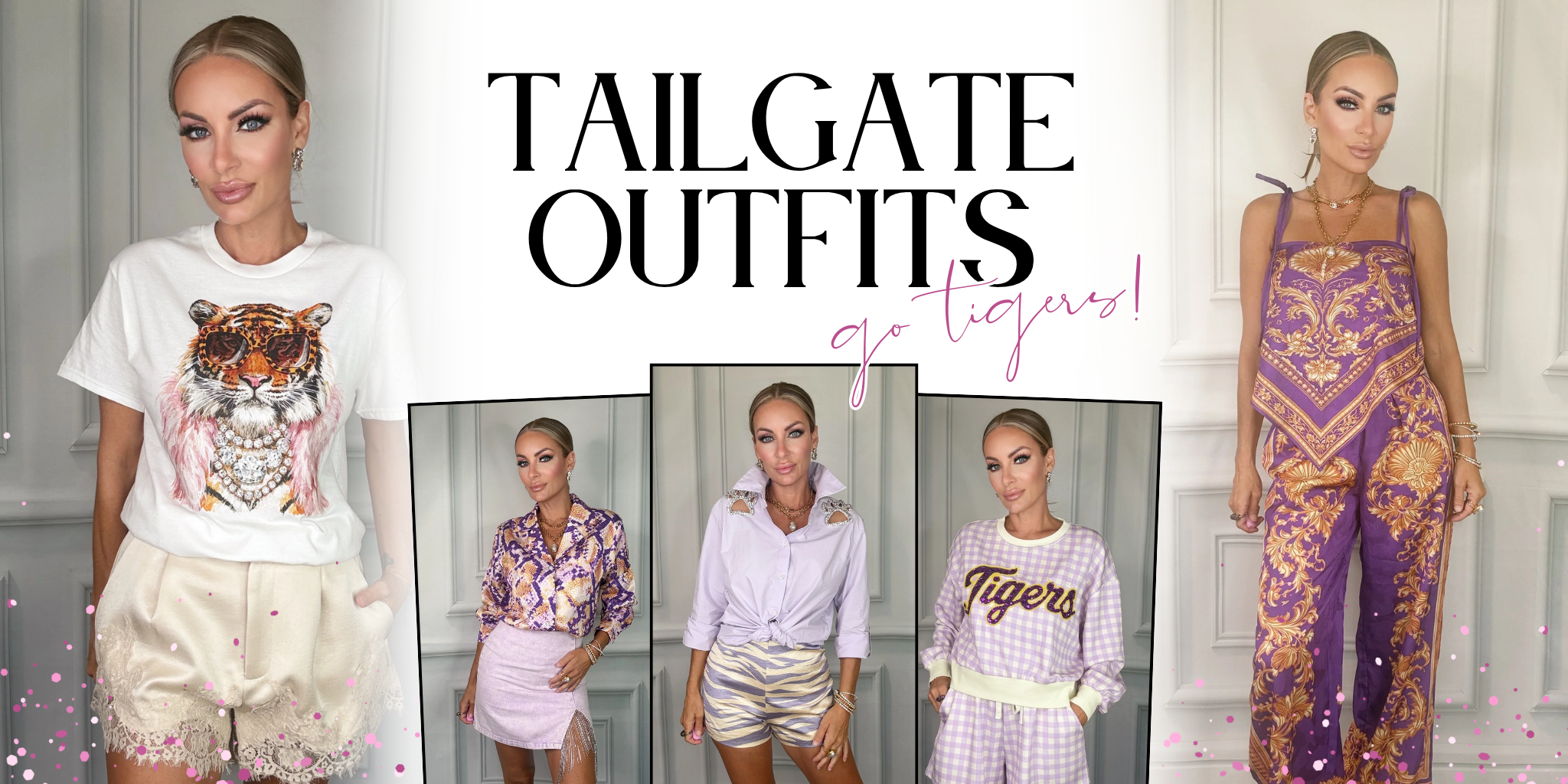 A promotional collage for 'Tailgate Outfits Go Tigers!' showing four women modeling tiger-themed apparel, including a white graphic t-shirt, a pink mini skirt, a white button-up shirt with metallic shorts, and a purple and gold patterned sleeveless jumpsuit. The center features three smaller inset photos of the outfits, with the text 'TAILGATE OUTFITS go tigers!' at the top | Bloom West Boutique | Houma, LA