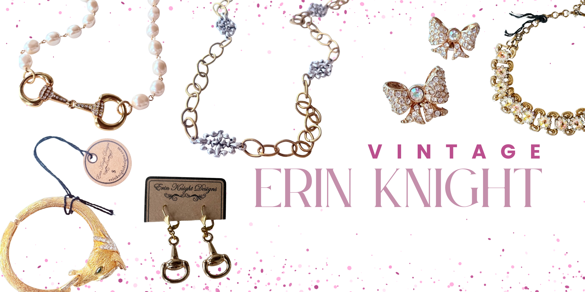Collection of vintage jewelry with 'Vintage Erin Knight' branding on a white background | Bloom West Boutique | Houma, LA