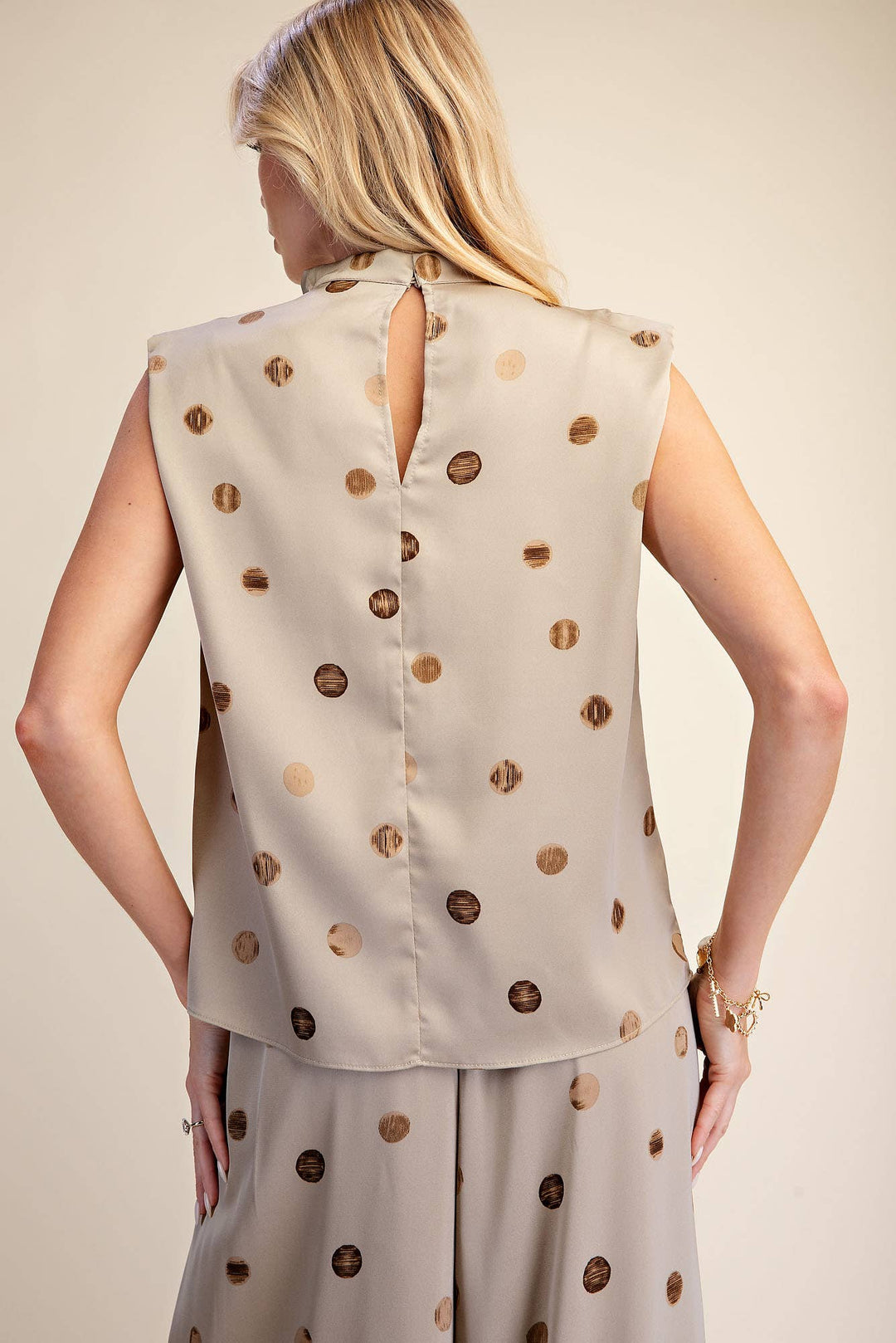 Cowl Mock Neck Pleats Shoulder Sleeveless Top Polka Dot-Glam-Shop with Bloom West Boutique, Women&