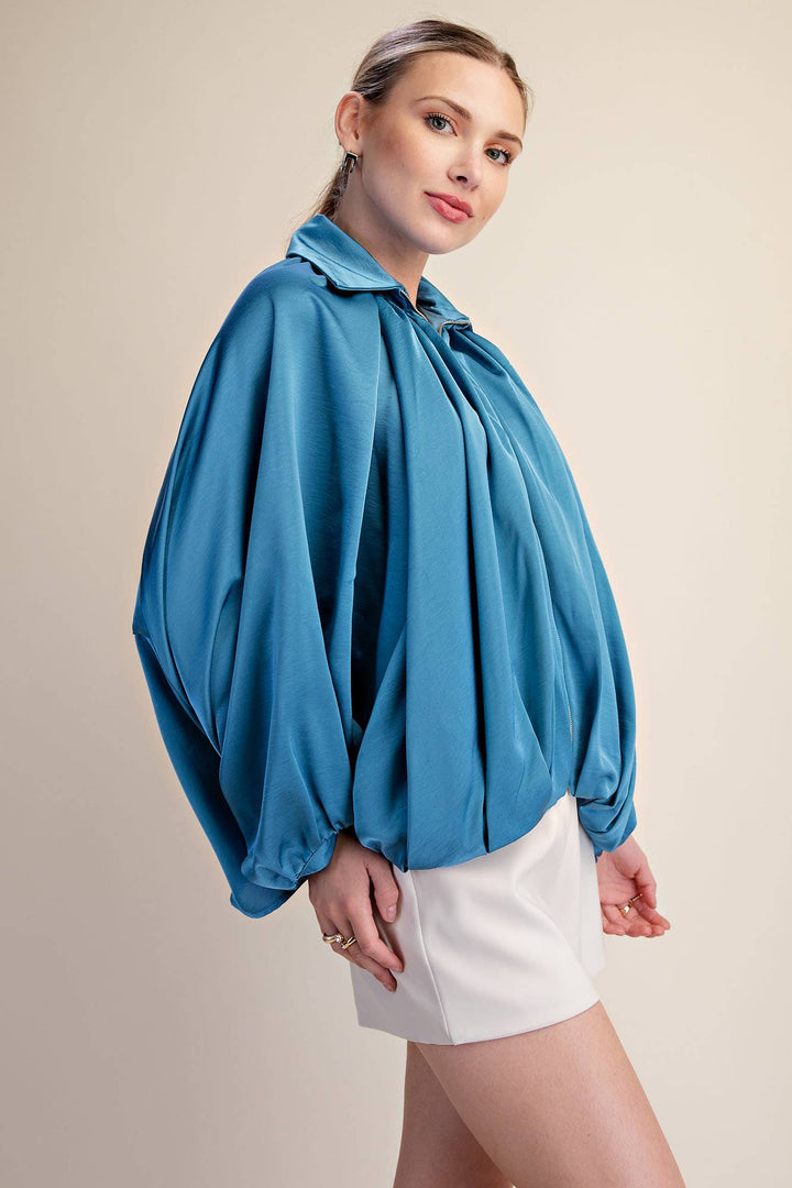 Balloon Pleated Detail Bomber Jacket-Glam-Shop with Bloom West Boutique, Women&