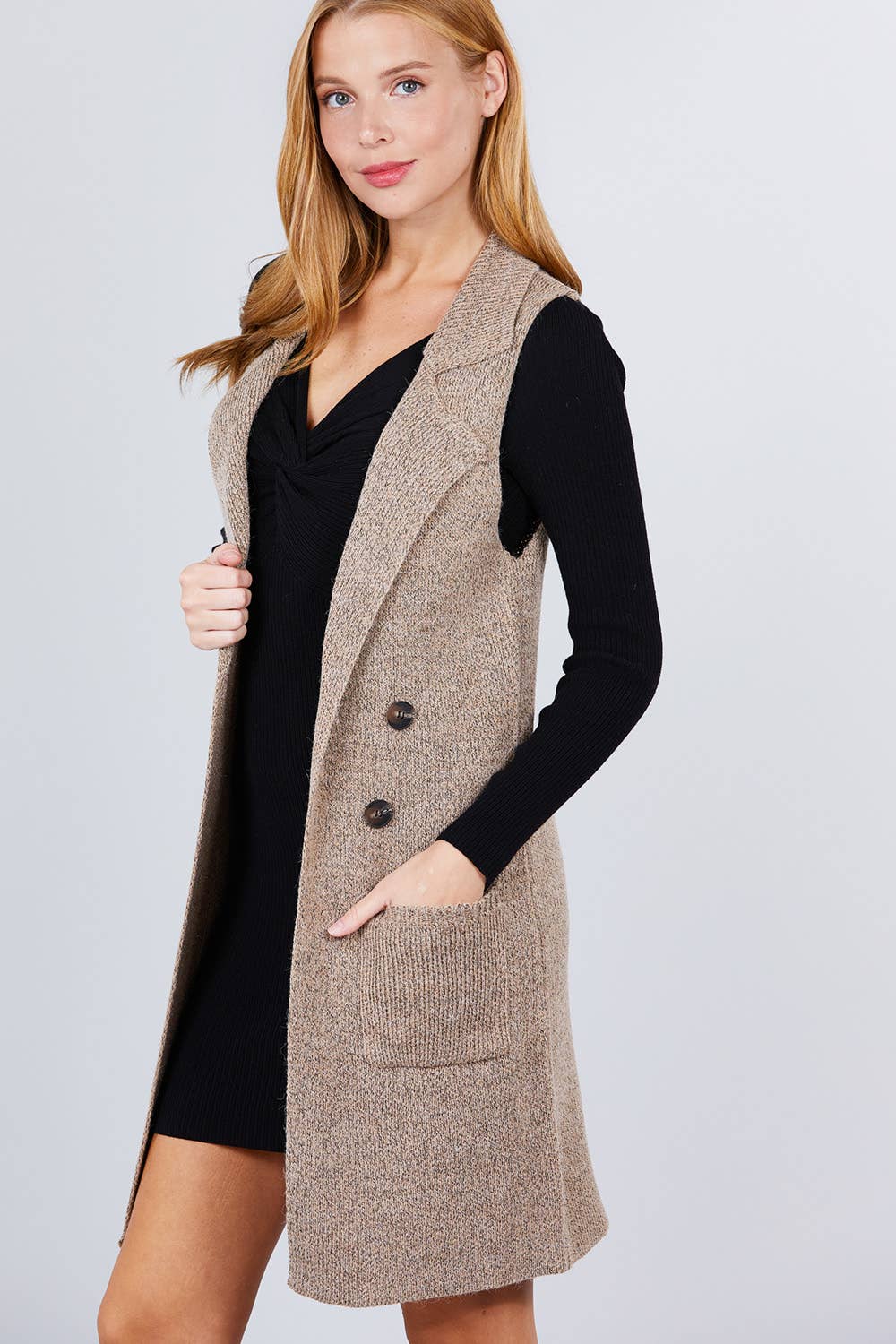 Sleeveless Notched Collar Long Sweater Vest: KHA-heather khaki / L-Cardigans-Active Basic | Active USA-Shop with Bloom West Boutique, Women's Fashion Boutique, Located in Houma, Louisiana