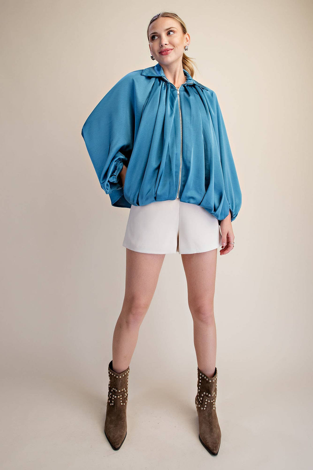 Balloon Pleated Detail Bomber Jacket-Glam-Shop with Bloom West Boutique, Women&