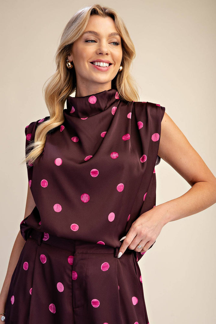 Cowl Mock Neck Pleats Shoulder Sleeveless Top Polka Dot-Glam-Shop with Bloom West Boutique, Women&