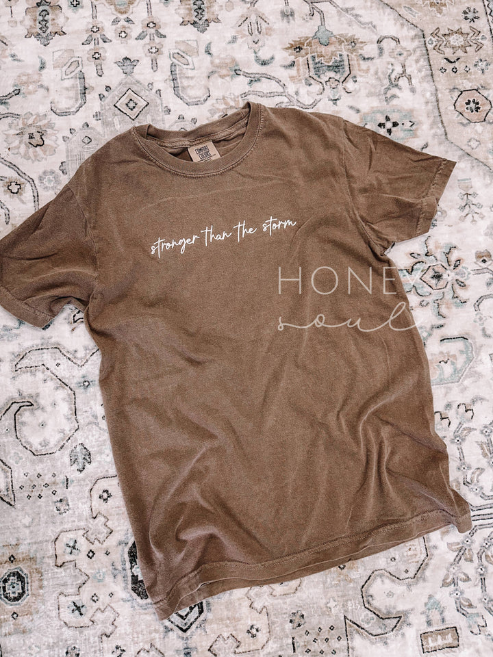 Embroidered Stronger Than The Storm Tee-Graphic Tees-Honey Soul LLC-Shop with Bloom West Boutique, Women's Fashion Boutique, Located in Houma, Louisiana