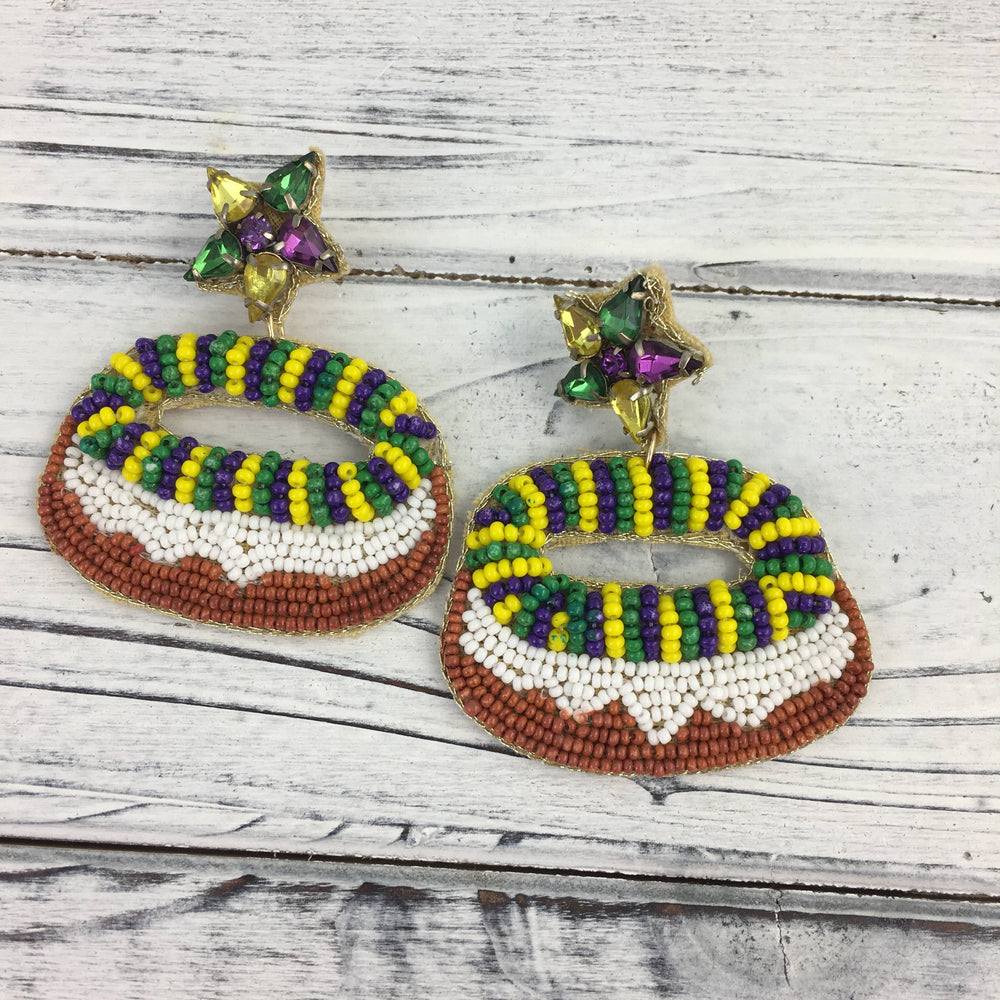 Mardi Gras beaded king cake earrings-Earrings-SongLily-Shop with Bloom West Boutique, Women's Fashion Boutique, Located in Houma, Louisiana