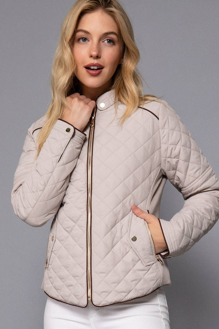 Suede Piping Detail Rib Quilted Padding Jacket : OLV-olive oil / L-Active Basic | Active USA-Shop with Bloom West Boutique, Women's Fashion Boutique, Located in Houma, Louisiana