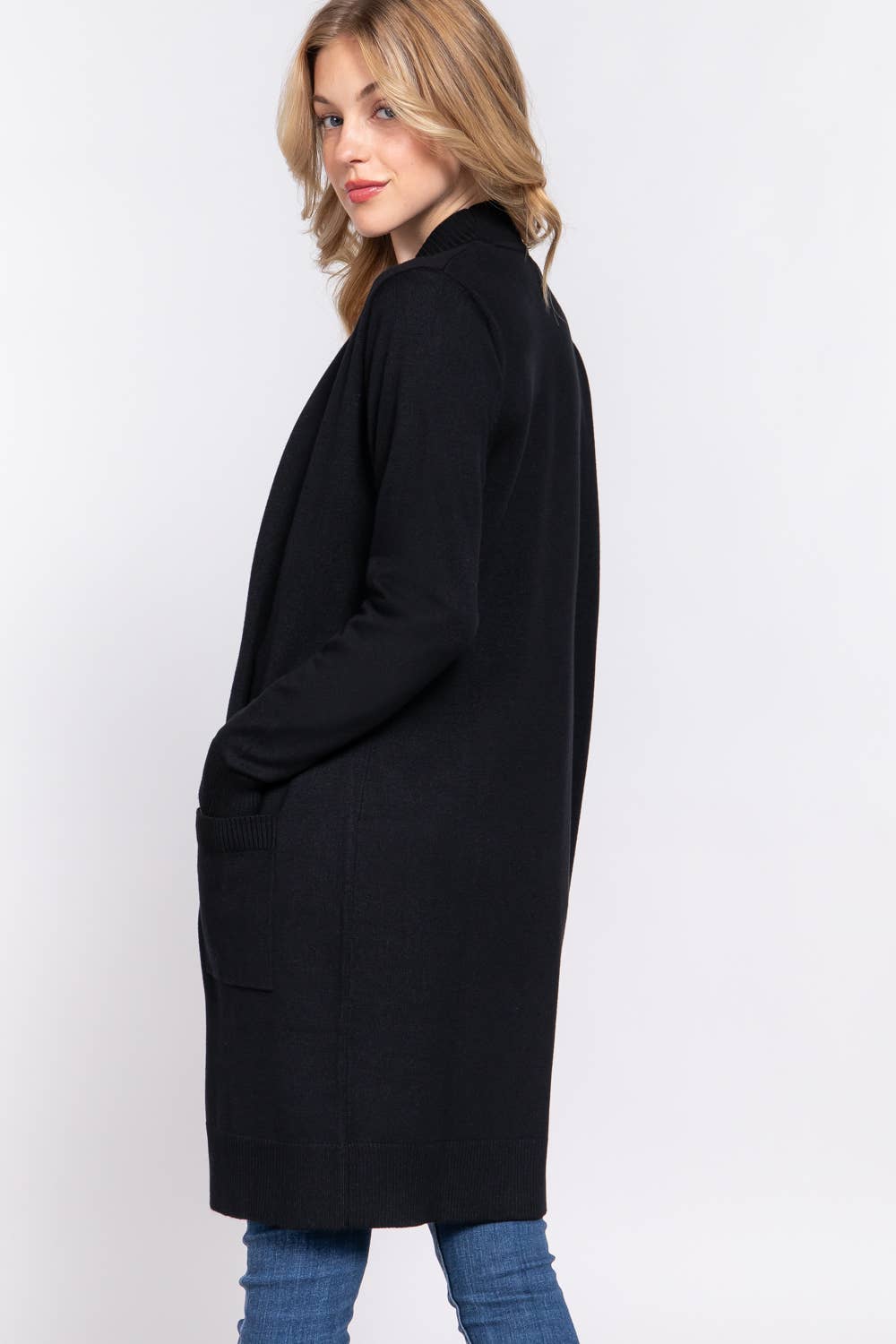 Long Sleeve Rib Banded Open Tunic Sweater Cardigan: Blk-Black / L-Cardigans-Active Basic | Active USA-Shop with Bloom West Boutique, Women's Fashion Boutique, Located in Houma, Louisiana