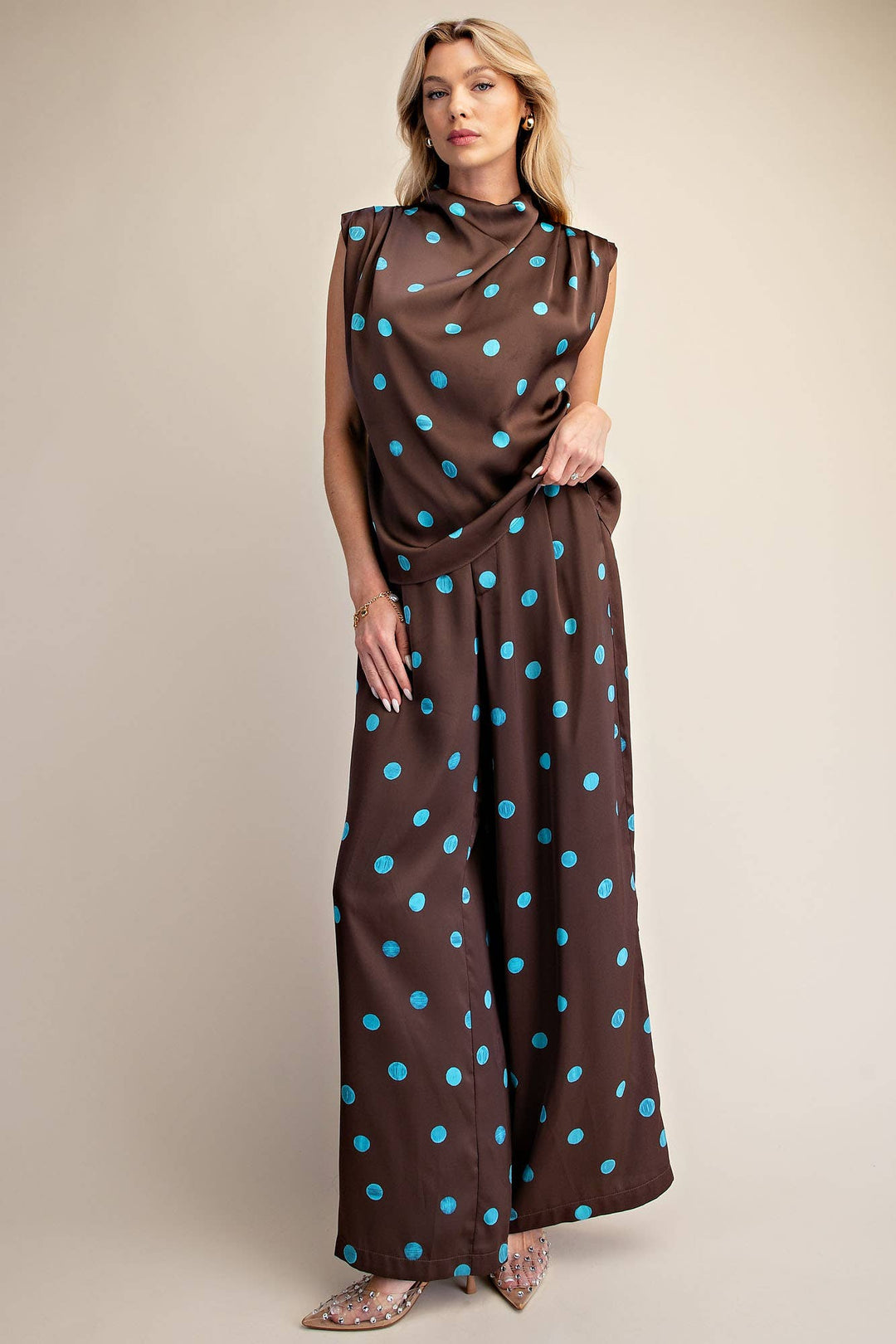 Cowl Mock Neck Pleats Shoulder Sleeveless Top Polka Dot-Glam-Shop with Bloom West Boutique, Women&