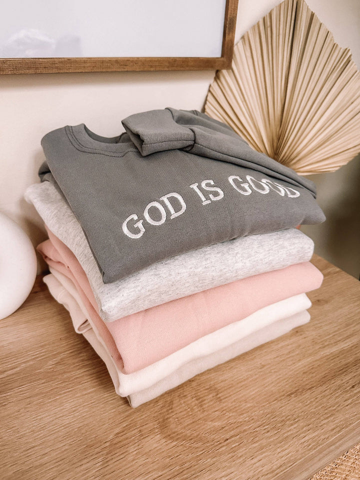 Embroidered GOD IS GOOD Sweatshirt-Graphic Sweaters-Honey Soul LLC-Shop with Bloom West Boutique, Women's Fashion Boutique, Located in Houma, Louisiana