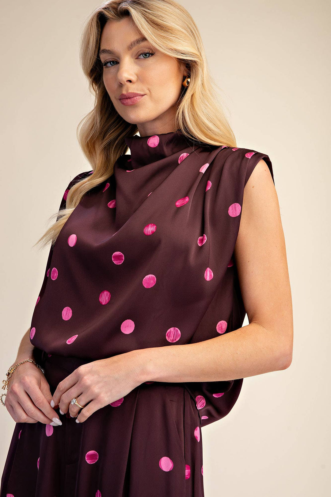 Cowl Mock Neck Pleats Shoulder Sleeveless Top Polka Dot-Glam-Shop with Bloom West Boutique, Women&