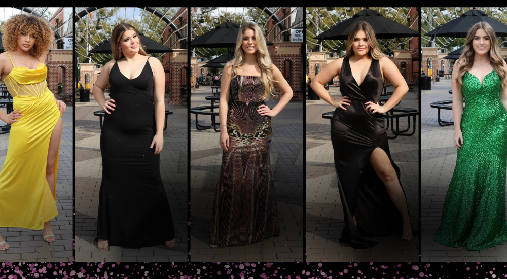 Collage of women in formal dresses in various colors and styles. | 50% off Prom Dresses | Bloom West Boutique | Houma, LA