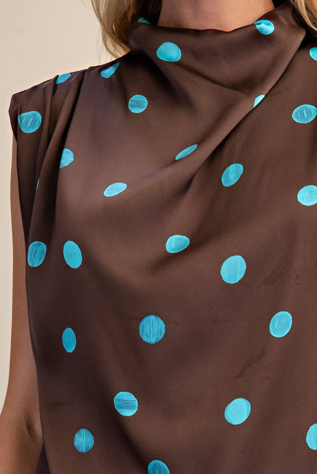 Cowl Mock Neck Pleats Shoulder Sleeveless Top Polka Dot-Glam-Shop with Bloom West Boutique, Women&