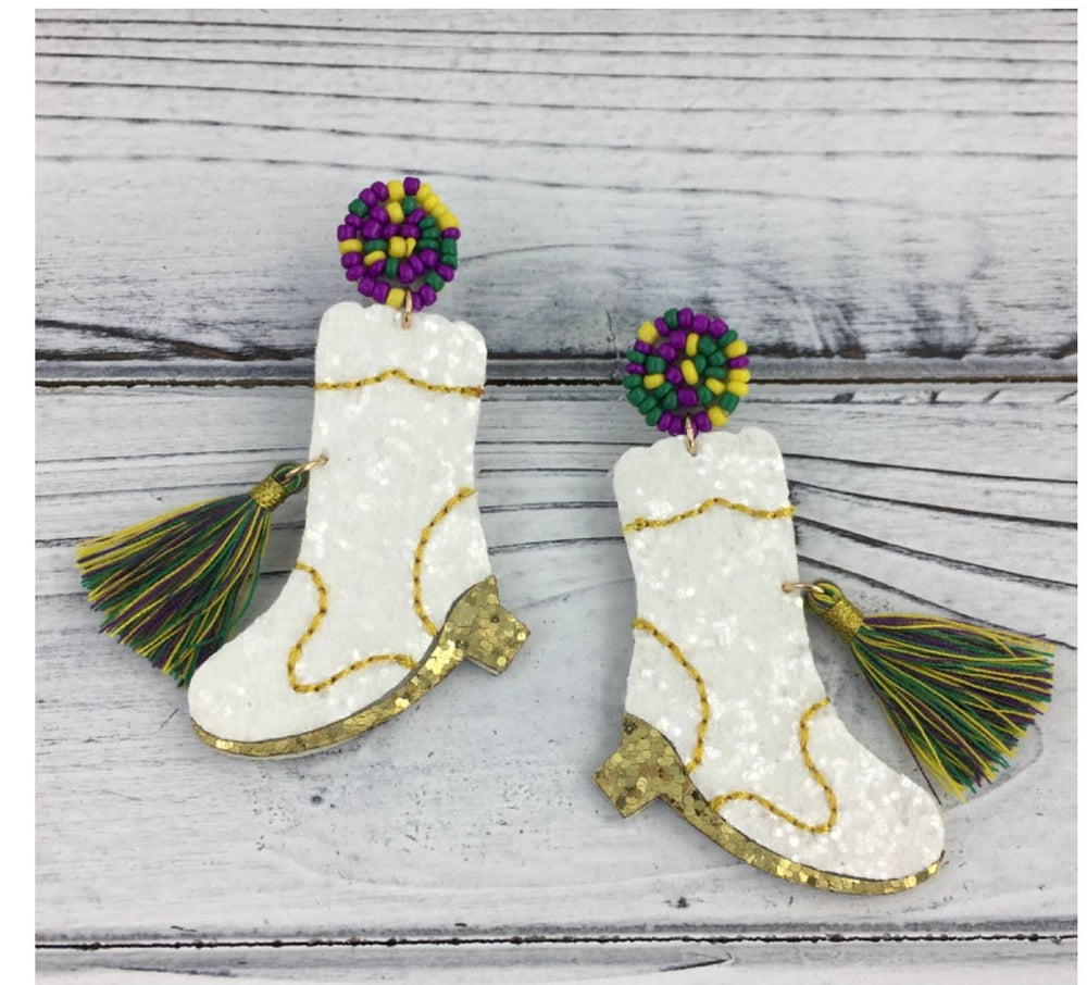 Mardi Gras Glitter Marching Boot Earrings-Earrings-SongLily-Shop with Bloom West Boutique, Women's Fashion Boutique, Located in Houma, Louisiana