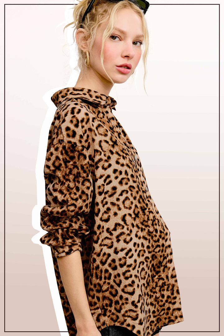 Leopard Printed Button Down-Tops-La Miel-Shop with Bloom West Boutique, Women's Fashion Boutique, Located in Houma, Louisiana