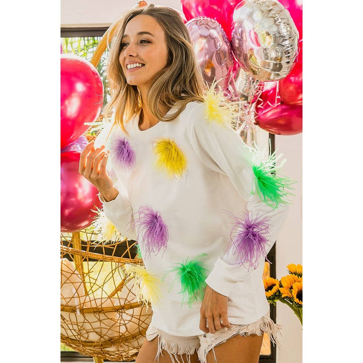 MARDI GRAS FAUX FEATHER TRIM TOP-BiBi-Shop with Bloom West Boutique, Women&