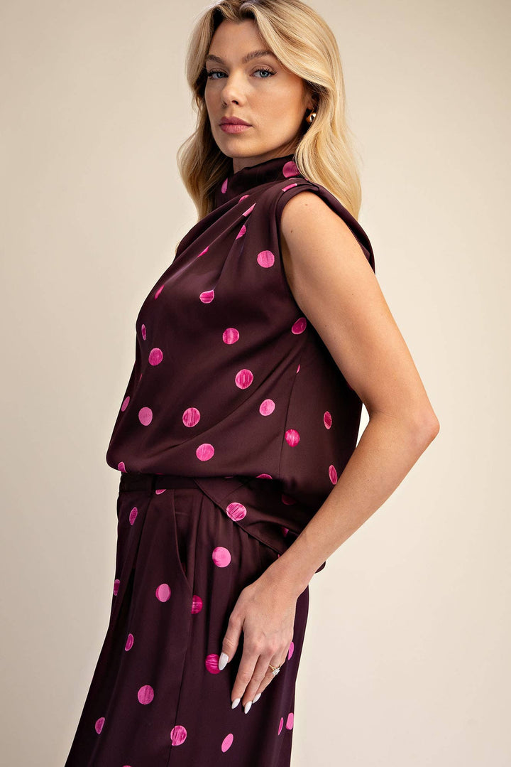 Cowl Mock Neck Pleats Shoulder Sleeveless Top Polka Dot-Glam-Shop with Bloom West Boutique, Women&