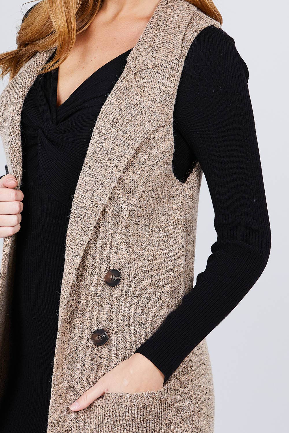Sleeveless Notched Collar Long Sweater Vest: KHA-heather khaki / L-Cardigans-Active Basic | Active USA-Shop with Bloom West Boutique, Women's Fashion Boutique, Located in Houma, Louisiana