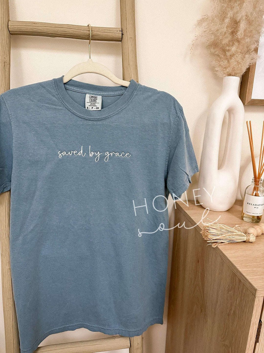 Embroidered saved by grace Tee-Graphic Tees-Honey Soul LLC-Shop with Bloom West Boutique, Women's Fashion Boutique, Located in Houma, Louisiana