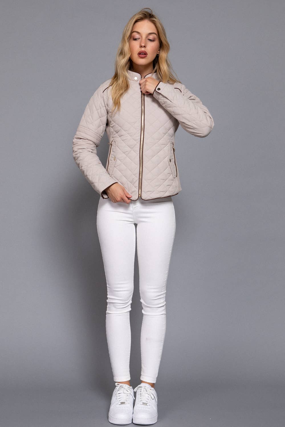 Suede Piping Detail Rib Quilted Padding Jacket : OLV-olive oil / L-Active Basic | Active USA-Shop with Bloom West Boutique, Women's Fashion Boutique, Located in Houma, Louisiana