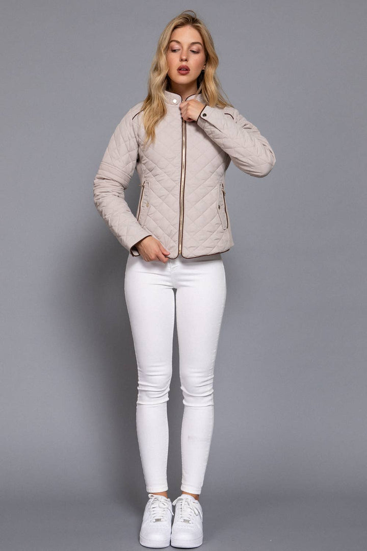Suede Piping Detail Rib Quilted Padding Jacket : OLV-olive oil / L-Active Basic | Active USA-Shop with Bloom West Boutique, Women's Fashion Boutique, Located in Houma, Louisiana