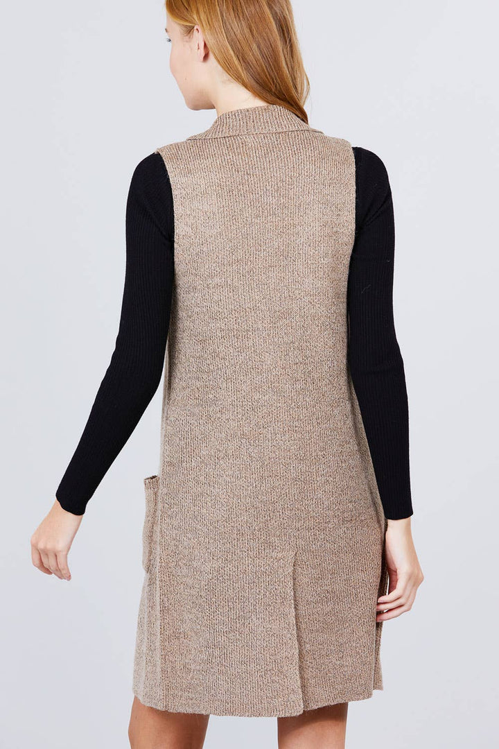 Sleeveless Notched Collar Long Sweater Vest: KHA-heather khaki / L-Cardigans-Active Basic | Active USA-Shop with Bloom West Boutique, Women's Fashion Boutique, Located in Houma, Louisiana