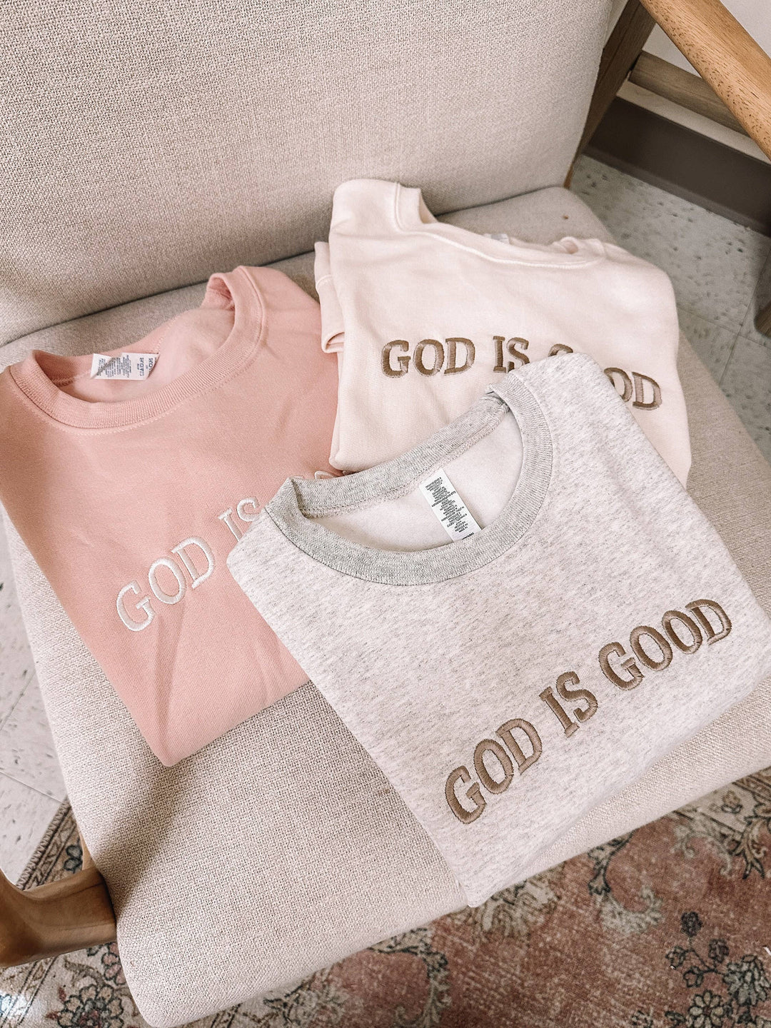 Embroidered GOD IS GOOD Sweatshirt-Graphic Sweaters-Honey Soul LLC-Shop with Bloom West Boutique, Women's Fashion Boutique, Located in Houma, Louisiana