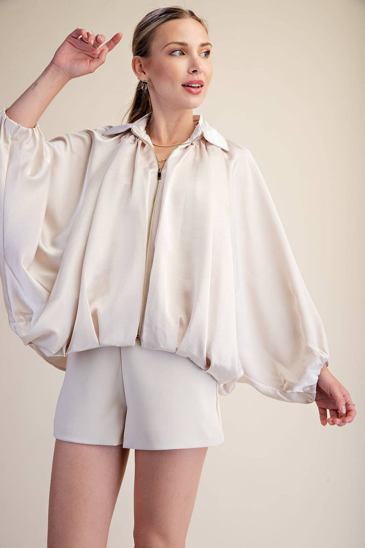 Balloon Pleated Detail Bomber Jacket-Glam-Shop with Bloom West Boutique, Women&
