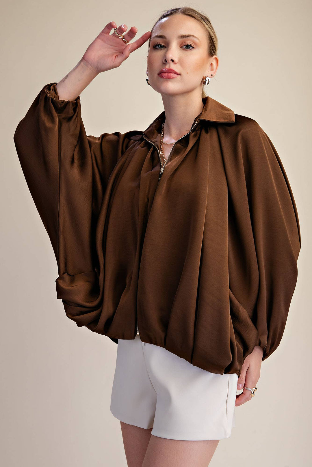 Balloon Pleated Detail Bomber Jacket-Glam-Shop with Bloom West Boutique, Women&