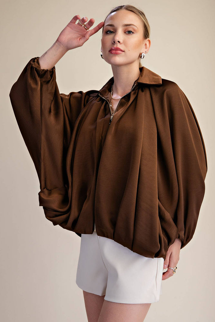 Balloon Pleated Detail Bomber Jacket-Glam-Shop with Bloom West Boutique, Women&