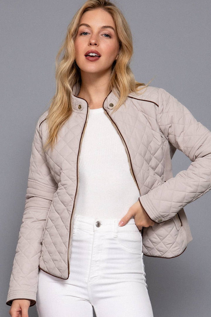 Suede Piping Detail Rib Quilted Padding Jacket : OLV-olive oil / L-Active Basic | Active USA-Shop with Bloom West Boutique, Women's Fashion Boutique, Located in Houma, Louisiana