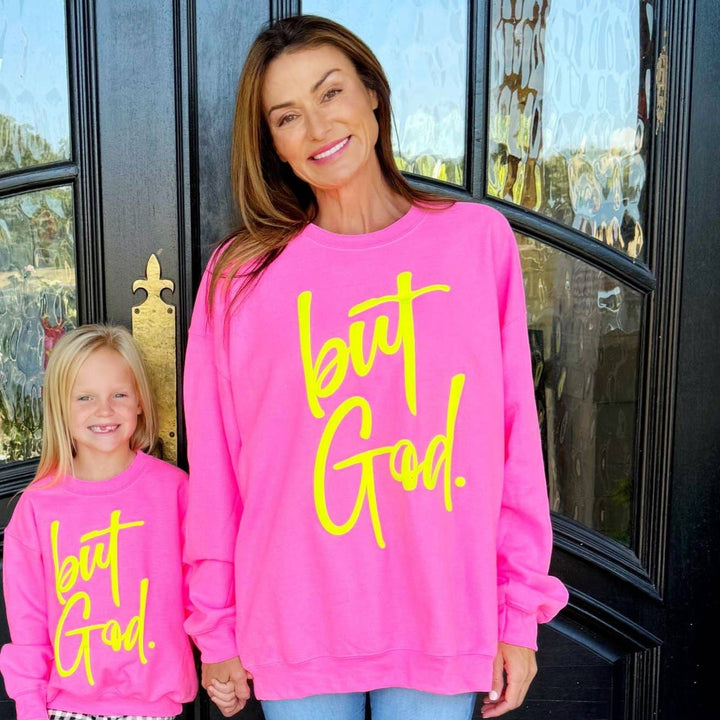 Puff But God Neon Pink Sweatshirt-Tops-Poppy & Pine-Shop with Bloom West Boutique, Women's Fashion Boutique, Located in Houma, Louisiana