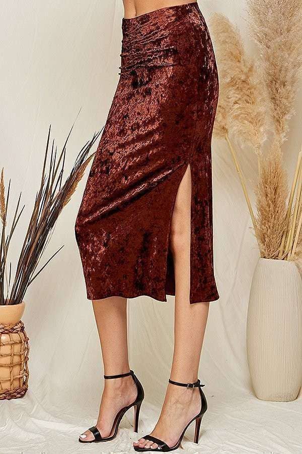 RUCHED CRUSHED VELVELT MIDI SKIRT-Skirts-Heart & Hips-Shop with Bloom West Boutique, Women's Fashion Boutique, Located in Houma, Louisiana