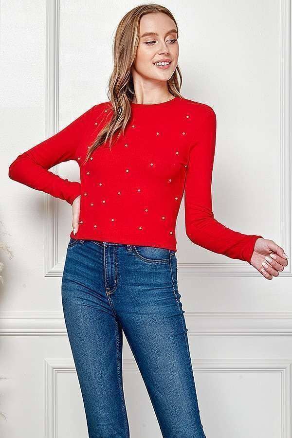 PEARL DETAIL LONG SLEEVE TOP-Long Sleeves-Heart & Hips-Shop with Bloom West Boutique, Women's Fashion Boutique, Located in Houma, Louisiana