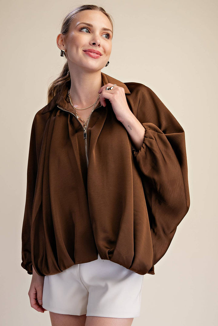 Balloon Pleated Detail Bomber Jacket-Glam-Shop with Bloom West Boutique, Women&