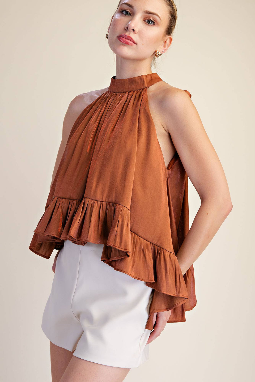 Ruffle Halter Top With Back Neck Tie-Glam-Shop with Bloom West Boutique, Women&