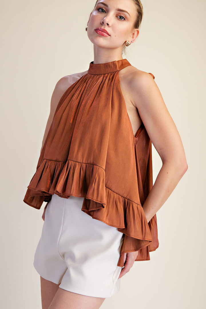 Ruffle Halter Top With Back Neck Tie-Glam-Shop with Bloom West Boutique, Women&