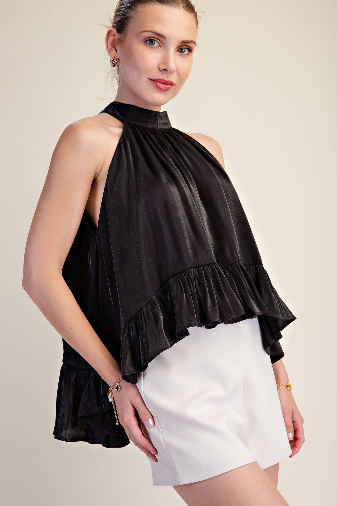Ruffle Halter Top With Back Neck Tie-Glam-Shop with Bloom West Boutique, Women&