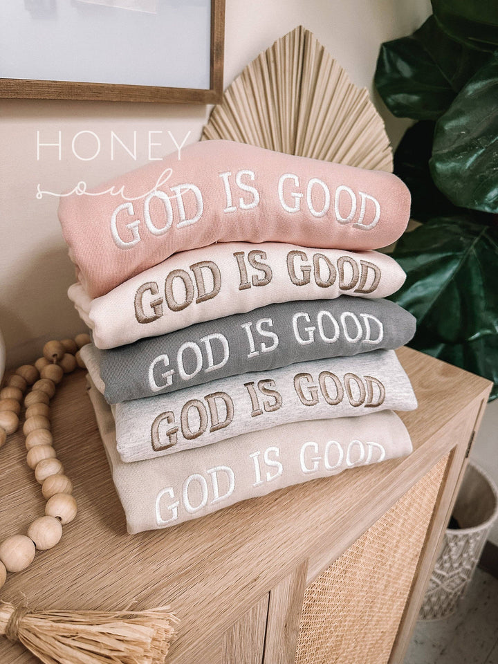 Embroidered GOD IS GOOD Sweatshirt-Graphic Sweaters-Honey Soul LLC-Shop with Bloom West Boutique, Women's Fashion Boutique, Located in Houma, Louisiana