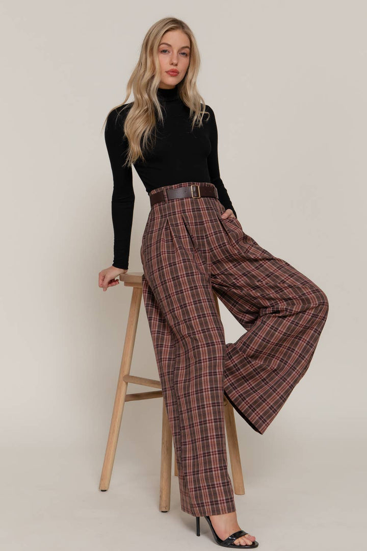 Beth Plaid Woven Wide Long Pants-Active Basic | Active USA-Shop with Bloom West Boutique, Women's Fashion Boutique, Located in Houma, Louisiana