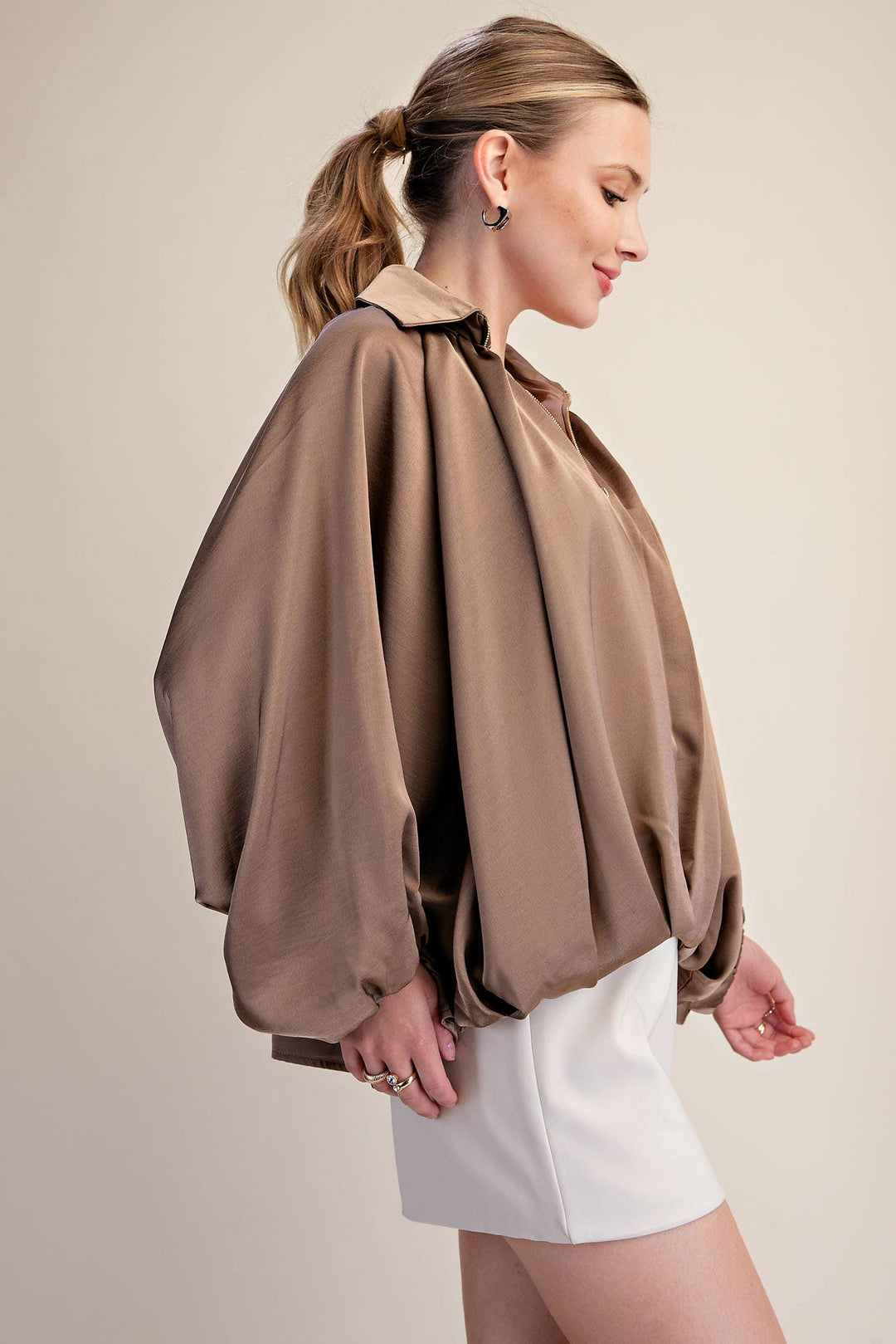 Balloon Pleated Detail Bomber Jacket-Glam-Shop with Bloom West Boutique, Women&