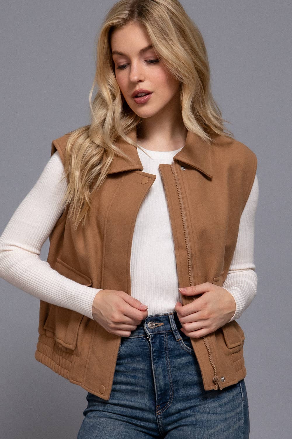 Collar Zip Up Vest Camel-Vests-Active Basic | Active USA-Shop with Bloom West Boutique, Women's Fashion Boutique, Located in Houma, Louisiana