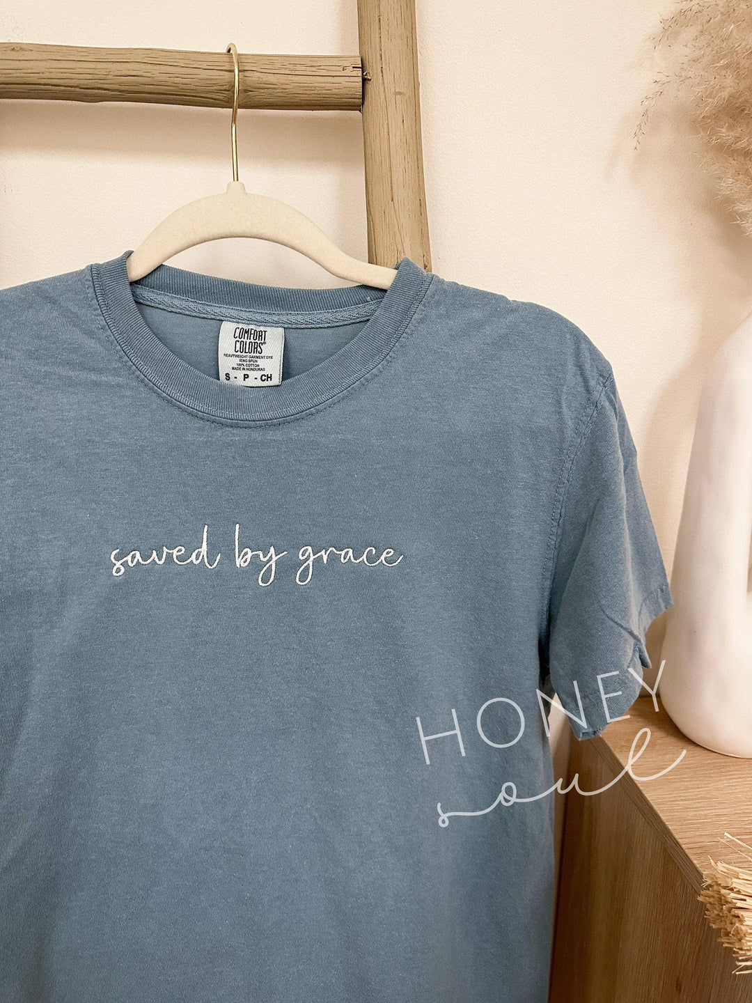 Embroidered saved by grace Tee-Graphic Tees-Honey Soul LLC-Shop with Bloom West Boutique, Women's Fashion Boutique, Located in Houma, Louisiana