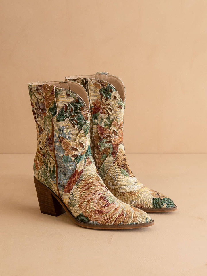 The Sorrel | Floral Tapestry Western Bootie PREORDER-OASIS SOCIETY-Shop with Bloom West Boutique, Women's Fashion Boutique, Located in Houma, Louisiana
